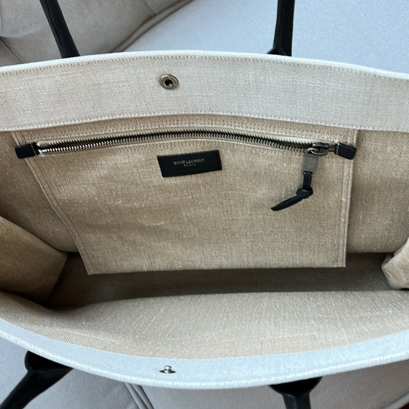 YSL Rive Gauche Large Tote Bag In Printed Canvas And Leather Lin Blanc Like New - Picture 17 of 17